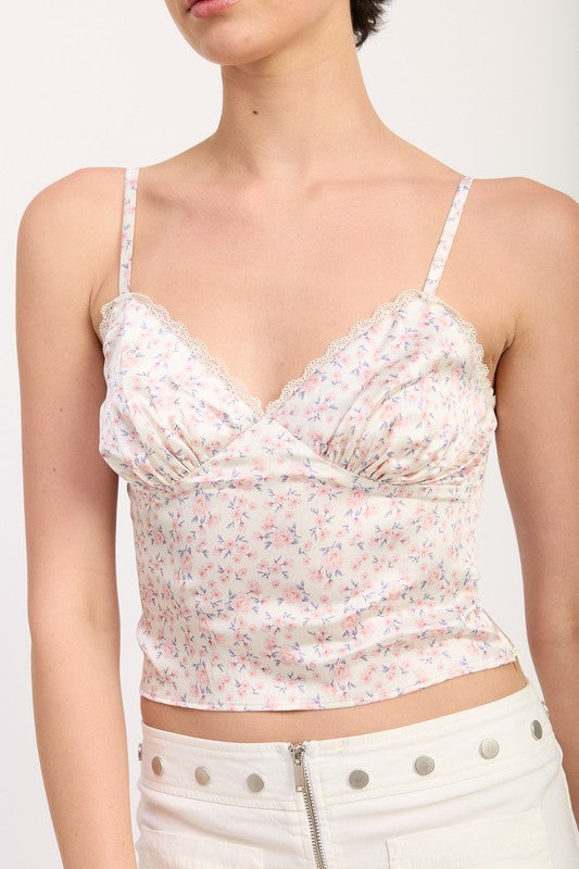 FLORAL SATIN CAMI TOP WITH LACE TRIM
