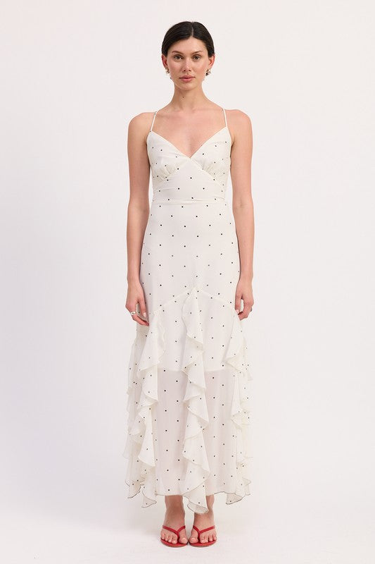 RUFFLED WRAP MAXI DRESS WITH CROSS BACK