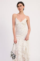 RUFFLED WRAP MAXI DRESS WITH CROSS BACK