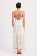 RUFFLED WRAP MAXI DRESS WITH CROSS BACK