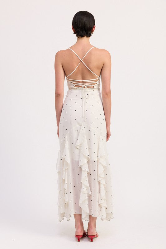 RUFFLED WRAP MAXI DRESS WITH CROSS BACK