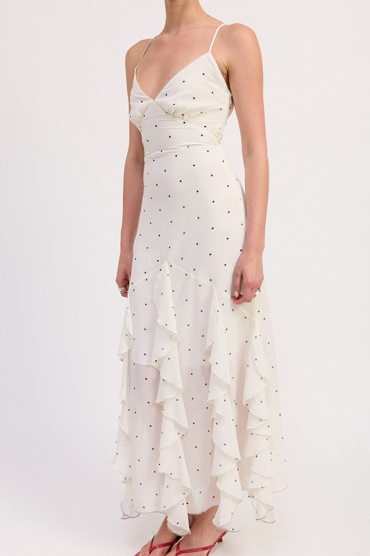 RUFFLED WRAP MAXI DRESS WITH CROSS BACK
