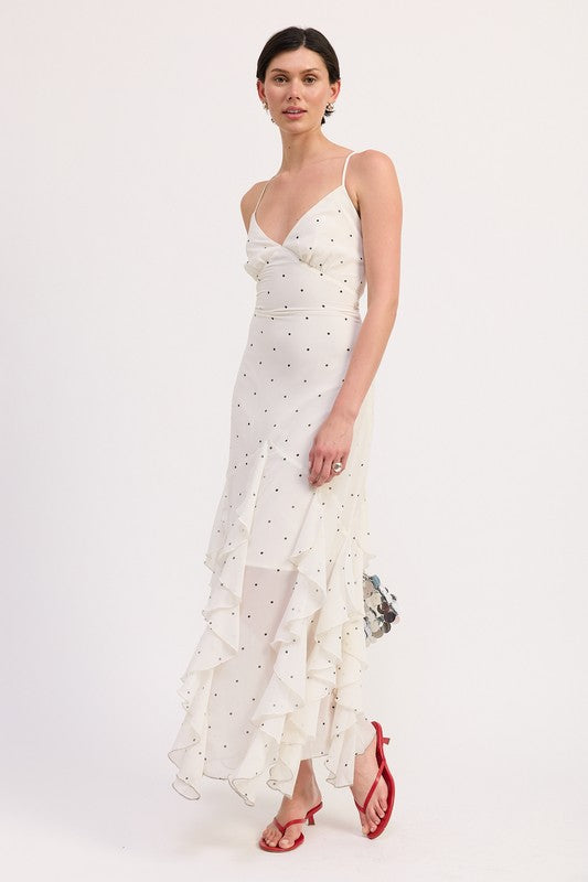 RUFFLED WRAP MAXI DRESS WITH CROSS BACK
