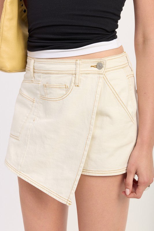 ASYMMETRICAL FOLD OVER DENIM SKORT