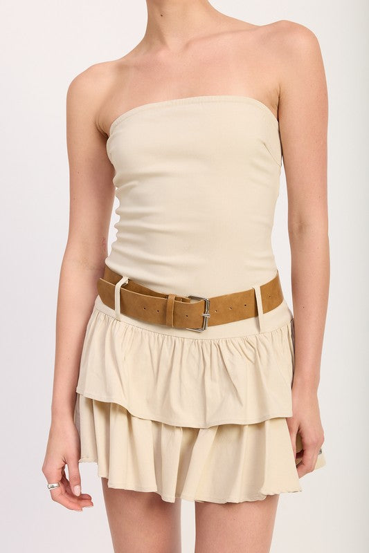 Strapless Tiered Mini Dress with Belt