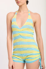 Striped Knit Halter Neck Romper with Drawstrings