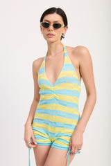 Striped Knit Halter Neck Romper with Drawstrings