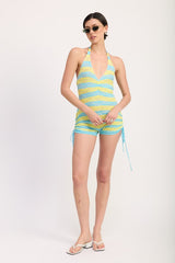 Striped Knit Halter Neck Romper with Drawstrings