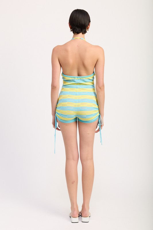Striped Knit Halter Neck Romper with Drawstrings
