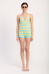 Striped Knit Halter Neck Romper with Drawstrings