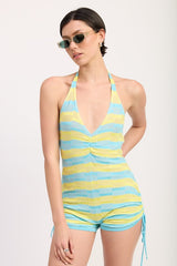 Striped Knit Halter Neck Romper with Drawstrings