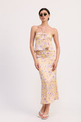 FLORAL STRAPLESS RUCHED HALTER TOP