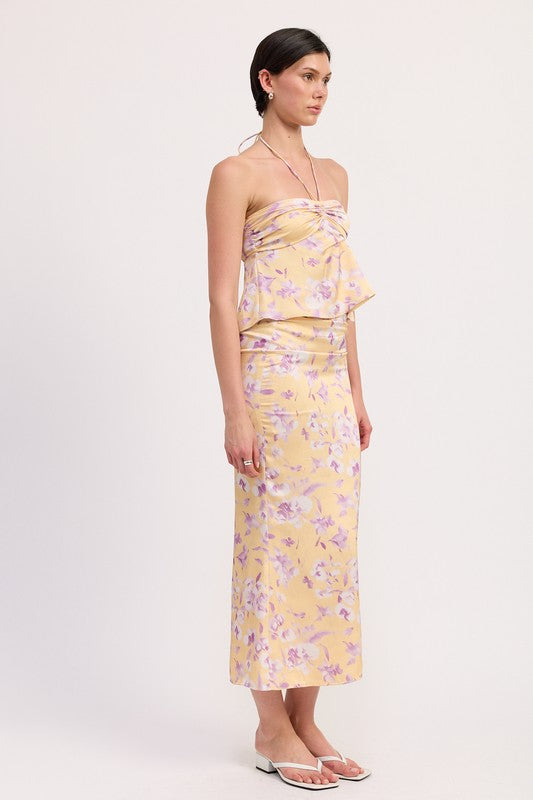 FLORAL STRAPLESS RUCHED HALTER TOP
