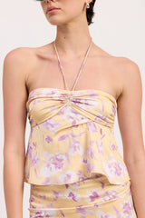 FLORAL STRAPLESS RUCHED HALTER TOP