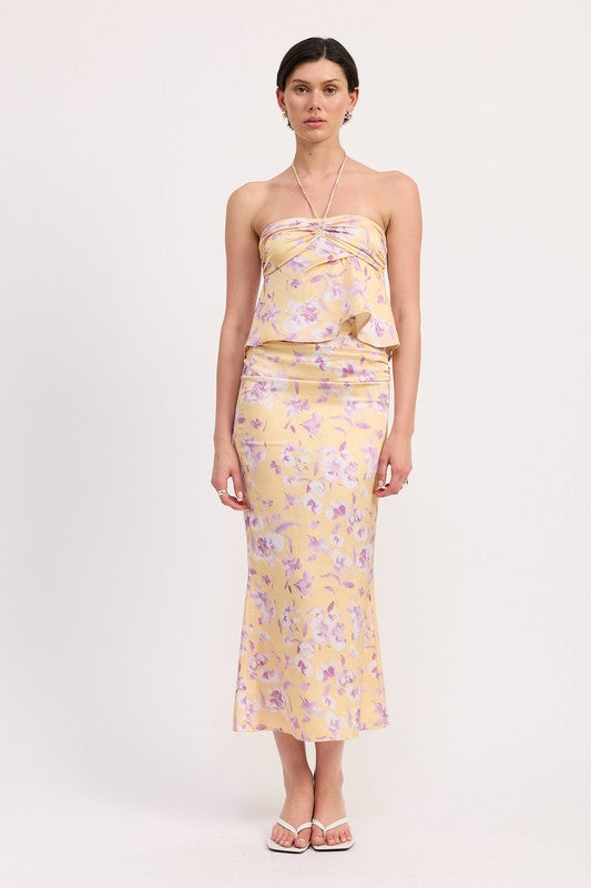 FLORAL STRAPLESS RUCHED HALTER TOP
