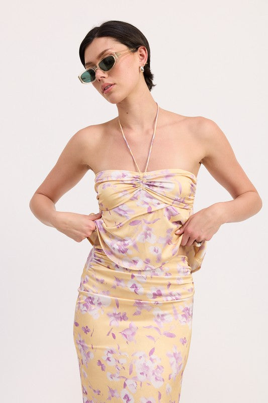 FLORAL STRAPLESS RUCHED HALTER TOP
