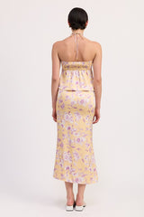 FLORAL STRAPLESS RUCHED HALTER TOP