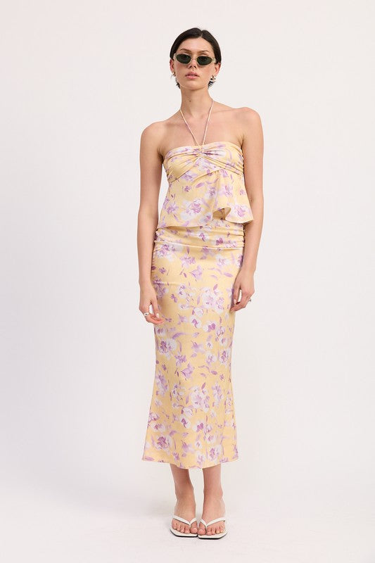FLORAL STRAPLESS RUCHED HALTER TOP