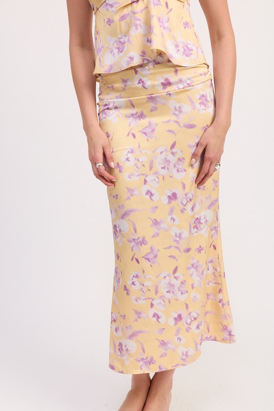 FLORAL PRINT RUCHED MIDI SKIRT