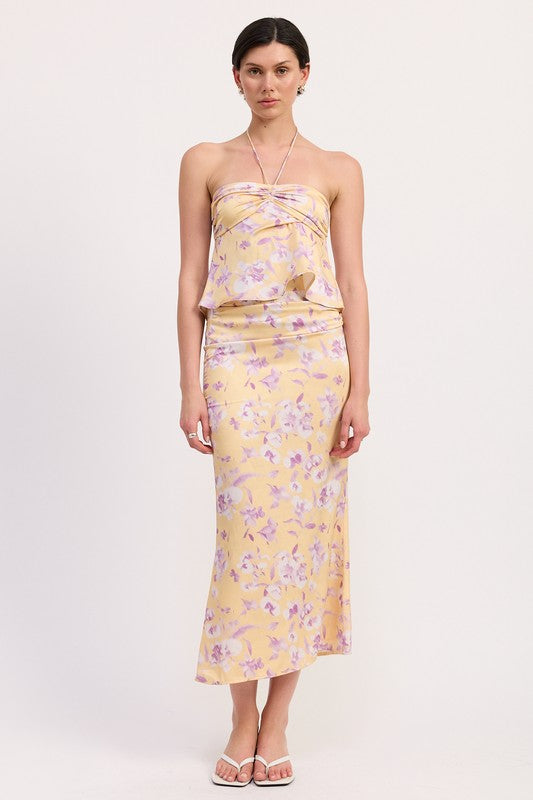 FLORAL PRINT RUCHED MIDI SKIRT