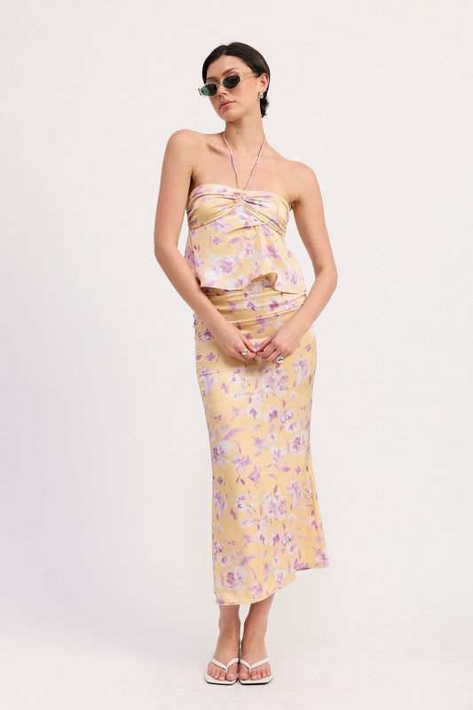 FLORAL PRINT RUCHED MIDI SKIRT