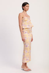 FLORAL PRINT RUCHED MIDI SKIRT