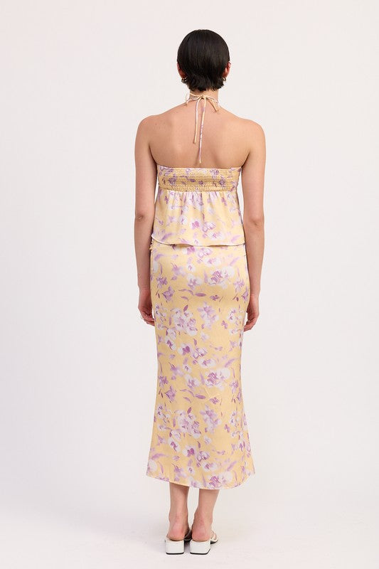 FLORAL PRINT RUCHED MIDI SKIRT