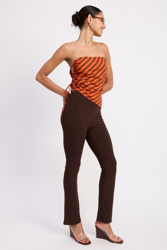 FITTED STRAPLESS STRIPE TOP WITH SIDE TIE ACCENT