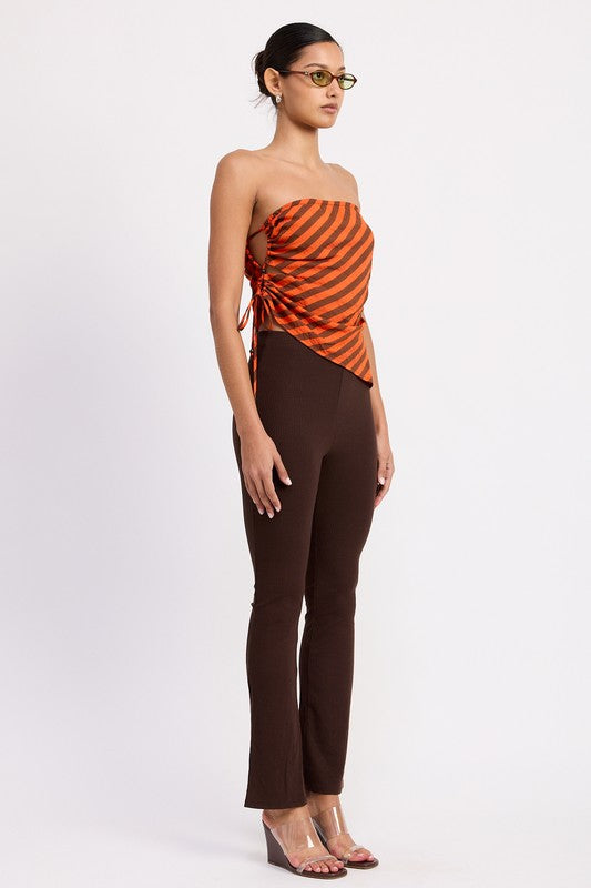 FITTED STRAPLESS STRIPE TOP WITH SIDE TIE ACCENT