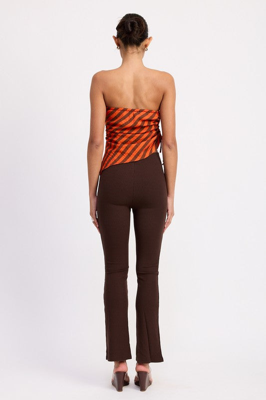 FITTED STRAPLESS STRIPE TOP WITH SIDE TIE ACCENT