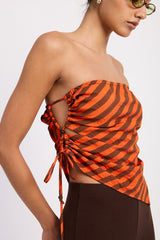FITTED STRAPLESS STRIPE TOP WITH SIDE TIE ACCENT
