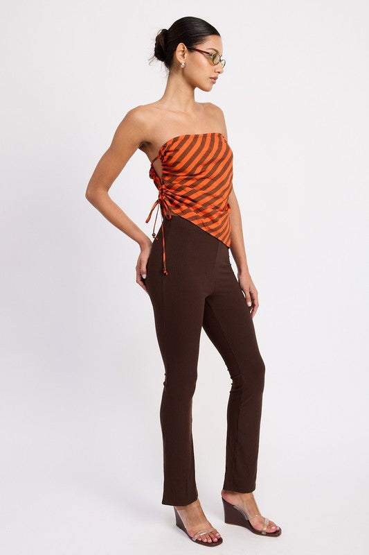FITTED STRAPLESS STRIPE TOP WITH SIDE TIE ACCENT