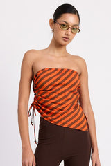 FITTED STRAPLESS STRIPE TOP WITH SIDE TIE ACCENT