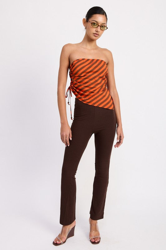 FITTED STRAPLESS STRIPE TOP WITH SIDE TIE ACCENT