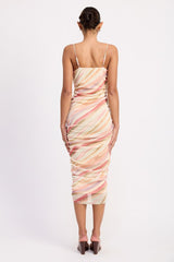 RUCHED MESH MIDI DRESS WITH ADJUSTABLE STRAPS