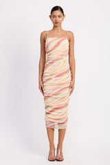 RUCHED MESH MIDI DRESS WITH ADJUSTABLE STRAPS