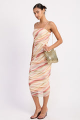 RUCHED MESH MIDI DRESS WITH ADJUSTABLE STRAPS
