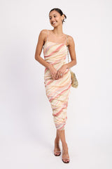 RUCHED MESH MIDI DRESS WITH ADJUSTABLE STRAPS