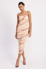 RUCHED MESH MIDI DRESS WITH ADJUSTABLE STRAPS