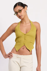 HALTER KNIT VEST RIBBED TOP WITH FRONT BUTTONS