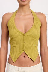 HALTER KNIT VEST RIBBED TOP WITH FRONT BUTTONS