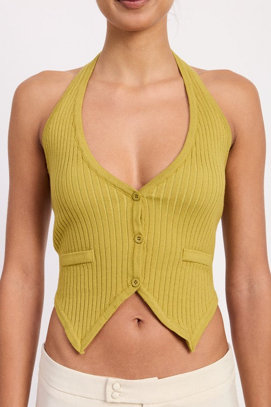HALTER KNIT VEST RIBBED TOP WITH FRONT BUTTONS