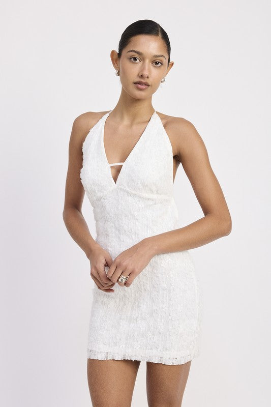 Halter Neck Mini Lace Dress With Back Tie