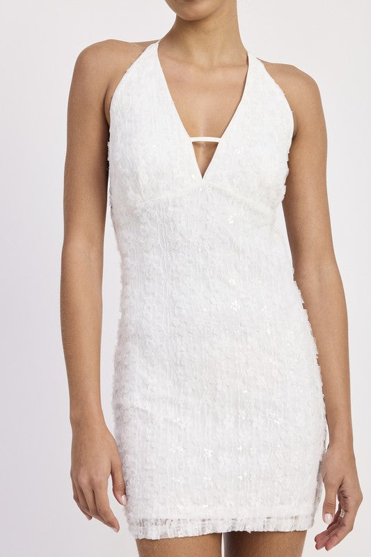 Halter Neck Mini Lace Dress With Back Tie