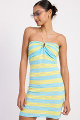 LACE TRIM HALTER MINI DRESS WTIH FRONT CUTOUT