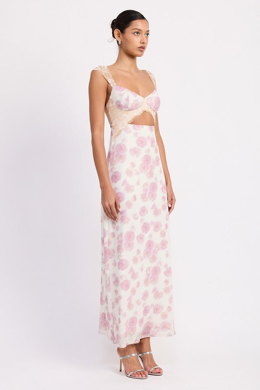 FLORAL MESH LACE TRIM MAXI DRESS WITH BUST CUTOUT