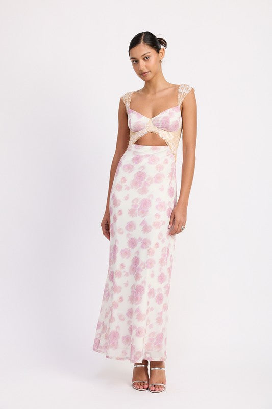 FLORAL MESH LACE TRIM MAXI DRESS WITH BUST CUTOUT