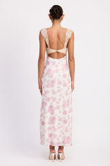 FLORAL MESH LACE TRIM MAXI DRESS WITH BUST CUTOUT