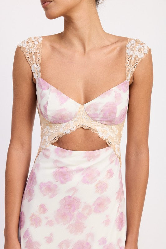 FLORAL MESH LACE TRIM MAXI DRESS WITH BUST CUTOUT