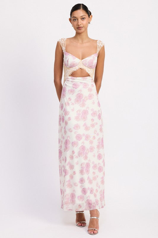 FLORAL MESH LACE TRIM MAXI DRESS WITH BUST CUTOUT